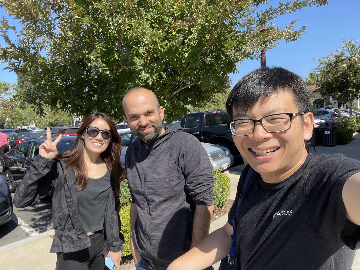 Michael on a sunny walk with Zhijing Li and Kaushik Rangadurai